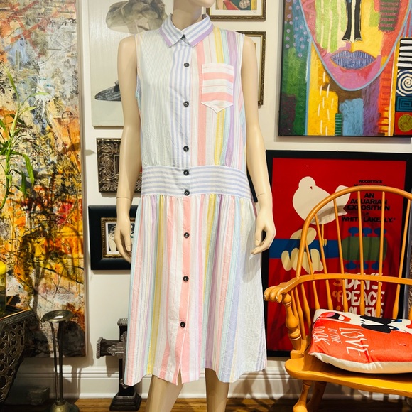 VINTAGE Charm Club Boho Midi Sleeveless Buttons Down Shirt Dress Size Large - Picture 6 of 16